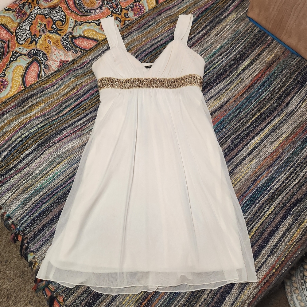 Ivory formal short dress A-line Empire waist gold trim size XL works as costume